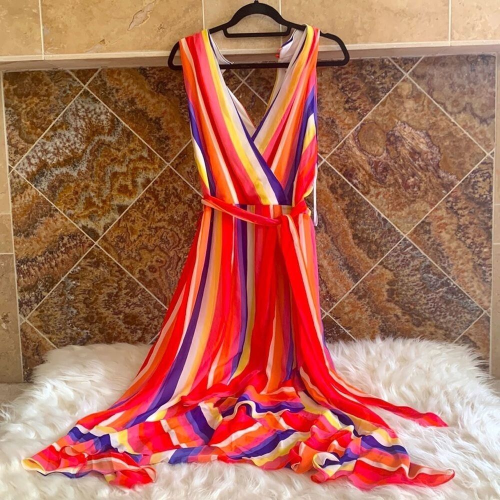 Julia Jordan Rainbow Stripe Surplice Wrap Midi Dress 12 Flounce Hem Sleeveless - Picture 2 of 11